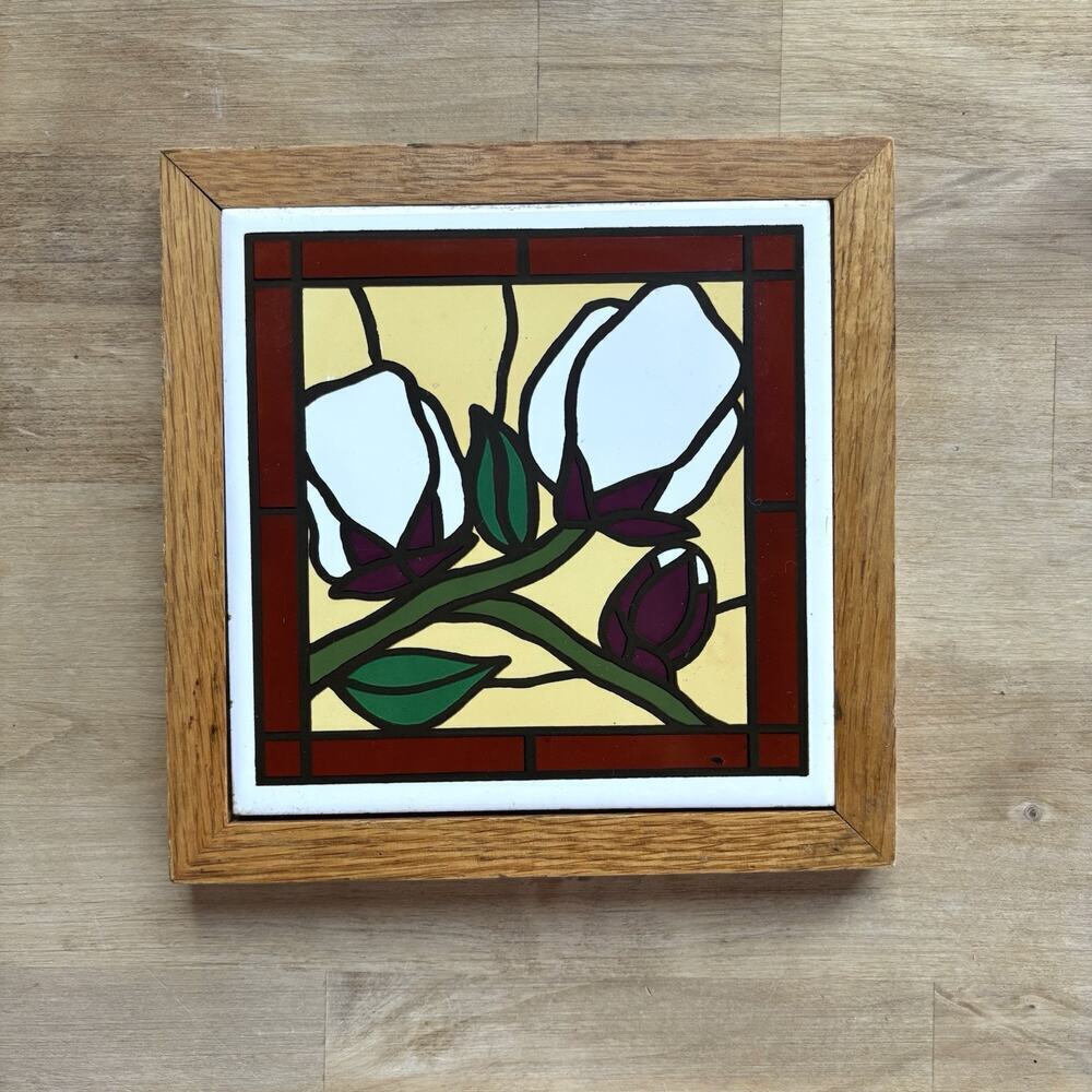 Oakwood Accents MCM Ceramic Tile Wall Art Faux Roses Oak Framed Vintage